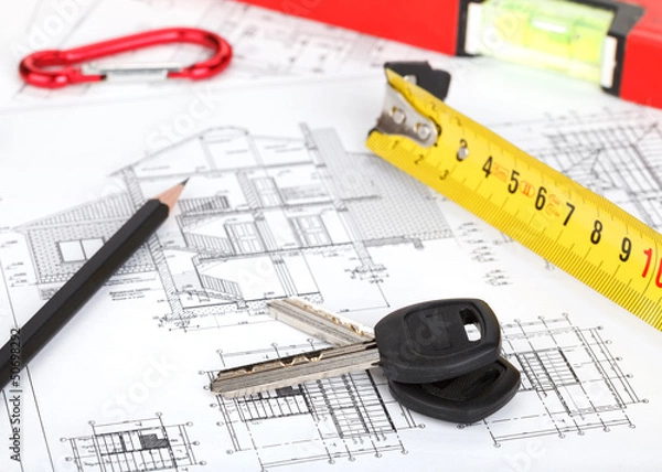 Fototapeta Door keys, construction projects and tools