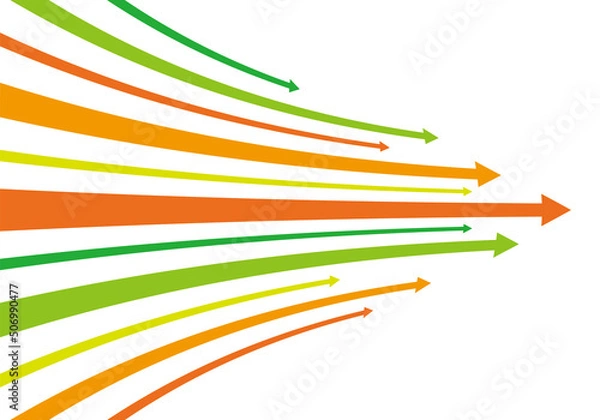 Obraz 緑とオレンジの鮮やかな右向きのカーブした矢印のイラスト/白背景
