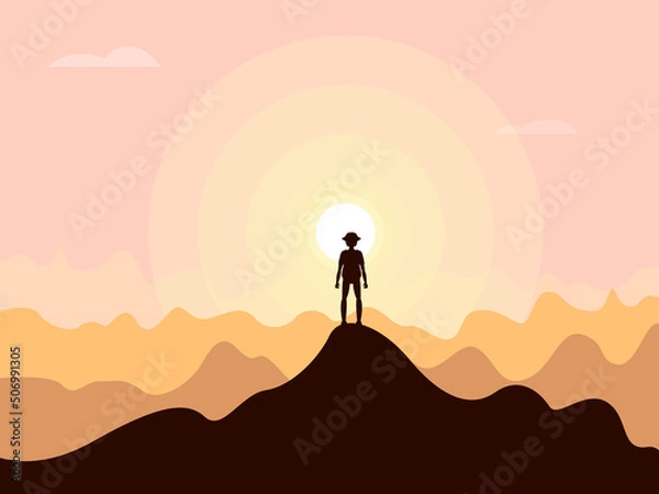 Obraz Raster illustration - a silhouette of a man on top of a mountain against the backdrop of the rising sun.  Concept - overcoming, success and freedom