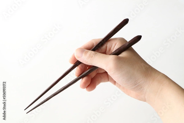 Obraz 右手で箸を持つポーズ、チョップスティック（シンプル白背景）