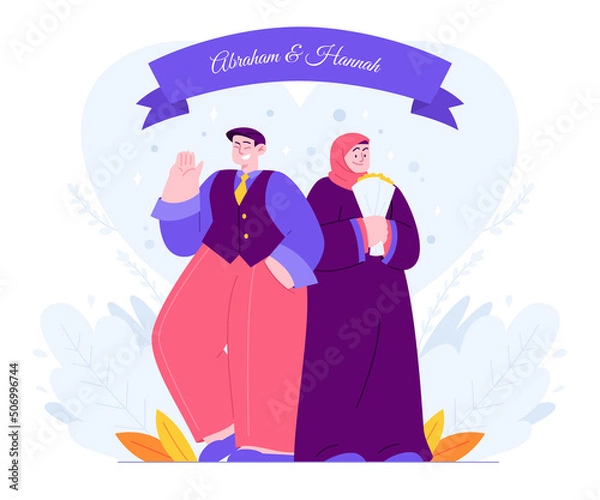 Fototapeta Islamic Cute Couple Wedding Invitation template concept vector Illustration idea for landing page template, marriage day, engagement, romance ceremony, for greeting card Hand drawn Flat Style
