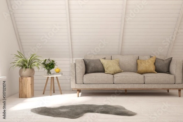 Obraz White living room with sofa. Scandinavian interior design. 3D illustration