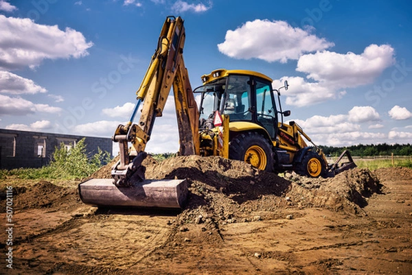 Obraz Excavator working at house construction site - digging foundations for modern house. Beginning of house building. Earth moving and foundation preparation.