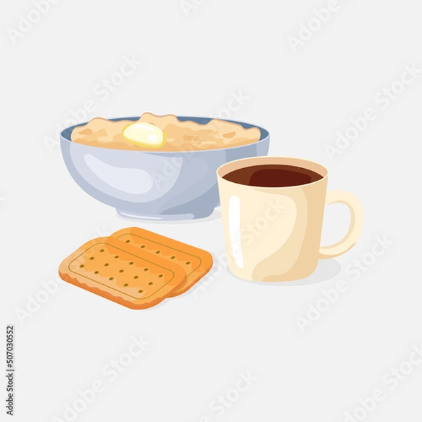 Fototapeta simple breakfast with coffee cookies and oatmeal