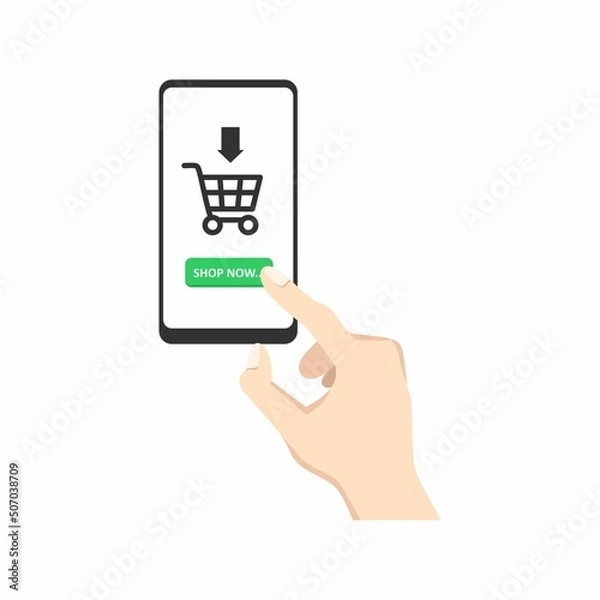 Fototapeta mobile shopping button, flat design isolated on white background