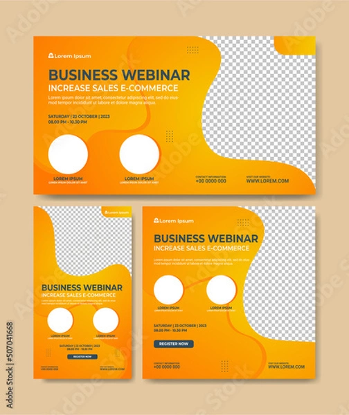 Fototapeta Set of webinar business banner. Layout template for stories, screen waiting on live video streaming and square banner for social media post. Digital marketing vector illustration.