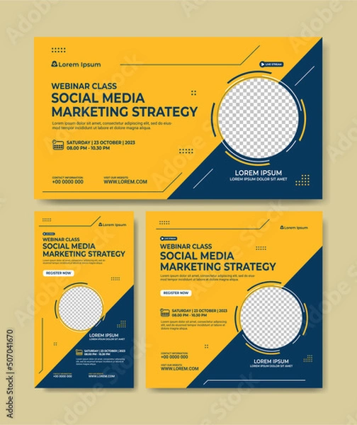 Fototapeta Set of webinar business banner. Layout template for stories, screen waiting on live video streaming and square banner for social media post. Digital marketing vector illustration.