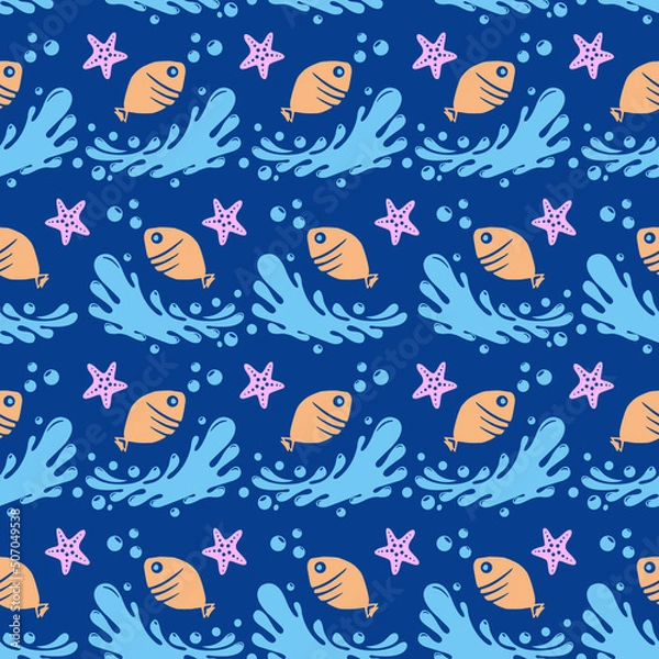 Obraz Marine theme seamless vector pattern for kids. Can be used for nursery prints, baby shower cards, babies bedding fabrics, babies wear. Scalable without loss of quality.
