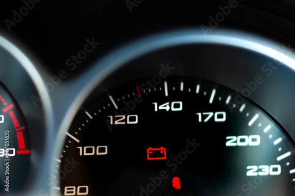 Fototapeta Red car battery warning light on car dashboard. Selective focus. Electrical network status indicator, symbol of malfunction, discharge, need for service and maintenance..