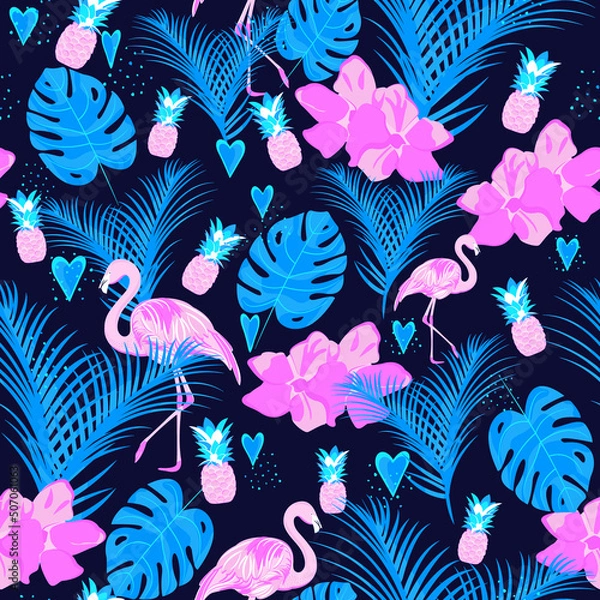 Fototapeta Tropical seamless pattern with flamingo, pineapple, palm and monstera. For textiles, prints, bedding, packaging design and wallpaper.