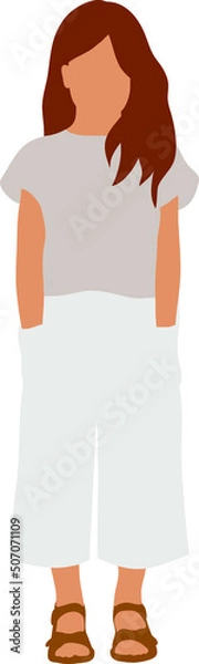 Fototapeta A red-haired girl in white breeches stands and holds her hands in her pockets