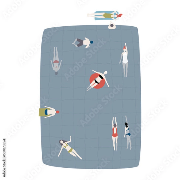 Obraz Simple flat style illustration. Swimmers in the summer swimming pool. Happy people resting.