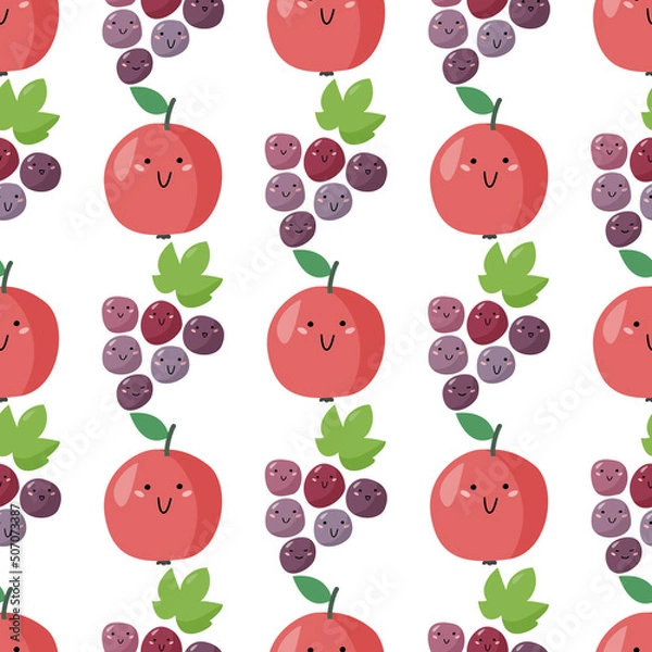 Fototapeta Simple kids background with smiling fruits. Flat style vector seamless pattern.