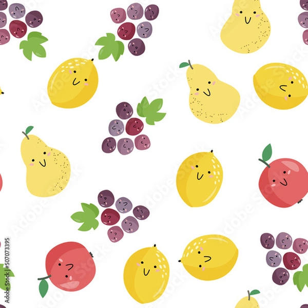 Fototapeta Simple kids background with smiling fruits. Flat style vector seamless pattern.