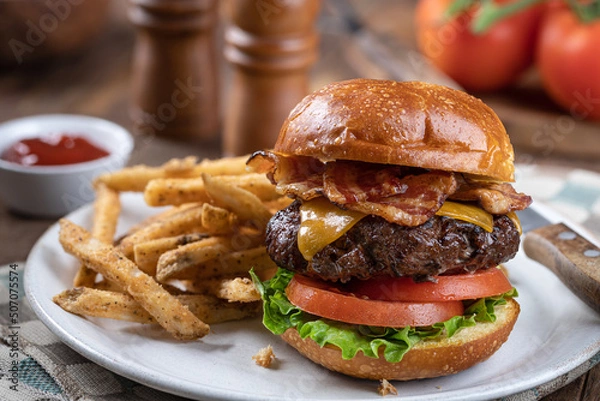 Obraz Bacon cheeseburger on a toasted bun