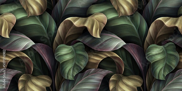 Fototapeta Tropical leaves in gold, green, gray colors. Seamless pattern, luxury mural, premium 3d wallpaper. Vintage illustration, hand-drawn beautiful texture, background. Digital paper, cloth, fabric printing