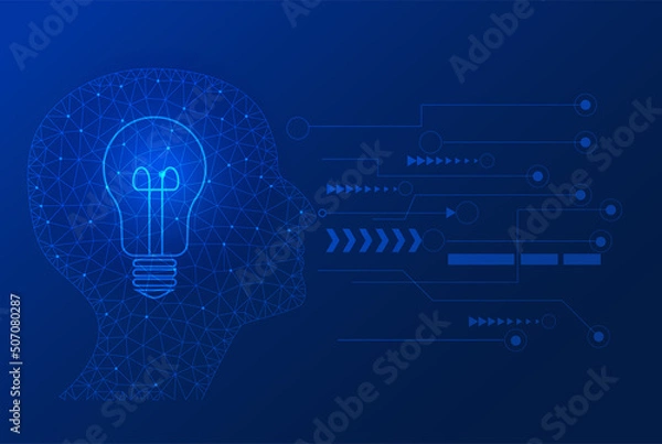 Fototapeta business man thinking idea of half head polygon with light bulb intellgence concepts on blue  background