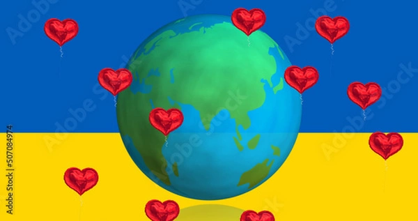 Fototapeta Image of hearts and globe over flag of ukraine