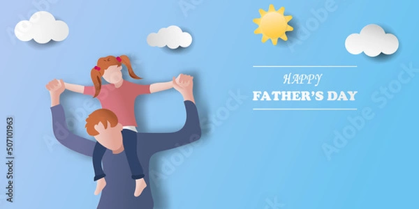 Fototapeta Happy Father's Day, Father with daughter, Paper cut style. Vector illustration, for cards, posters, background.