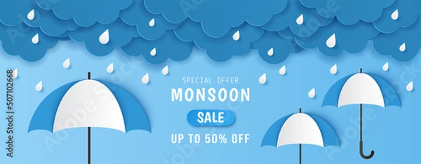 Fototapeta Paper cut of monsoon sale offer banner template with clouds, rain drop and cute umbrella on blue background. Vector illustration