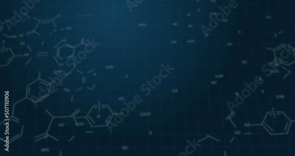 Fototapeta Image of chemical formula structures moving on blue background