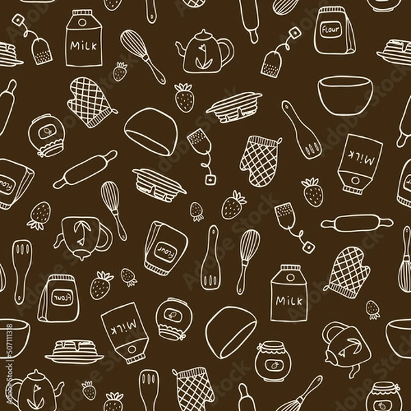 Fototapeta Vector seamless pattern with hand drawn food and kitchen items in doodle style. For feast invitation, fabric, kitchen textile, towel print, cover of cooking book, packaging design, template labels.