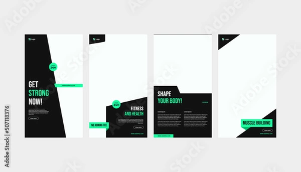 Fototapeta Embark on a journey to achieve a stylish fitness transformation with the captivating Green Highlight Fitness Gym Roll-Up Standee Banner, Flyer, and Social Media Story Template Set. 