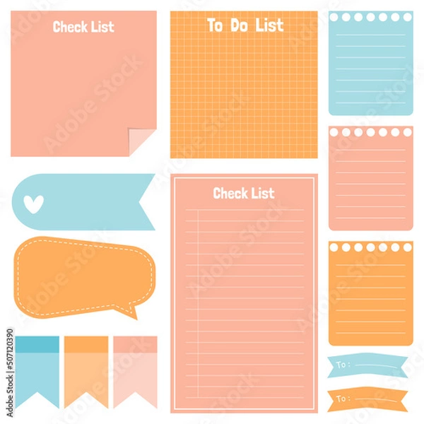 Fototapeta Cute paper notes. Stationary set. Scrapbook notes and cards.Printable planner stickers. To Do List note. Template for your message. Decorative planning element. Vector illustration.