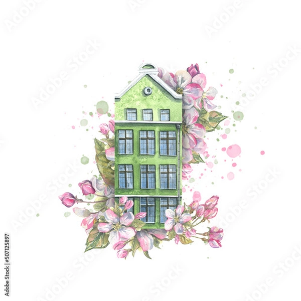 Fototapeta An old European house in apple blossoms with splashes of paint. Watercolor illustration. Composition for decoration and design of souvenirs, postcards, posters. prints, stickers.
