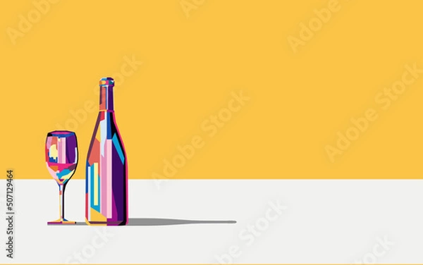 Obraz Ilustracja wektorowa kolorowa jasna butelka wina i lampka wina lub napój alkoholowy na żółtym tle.