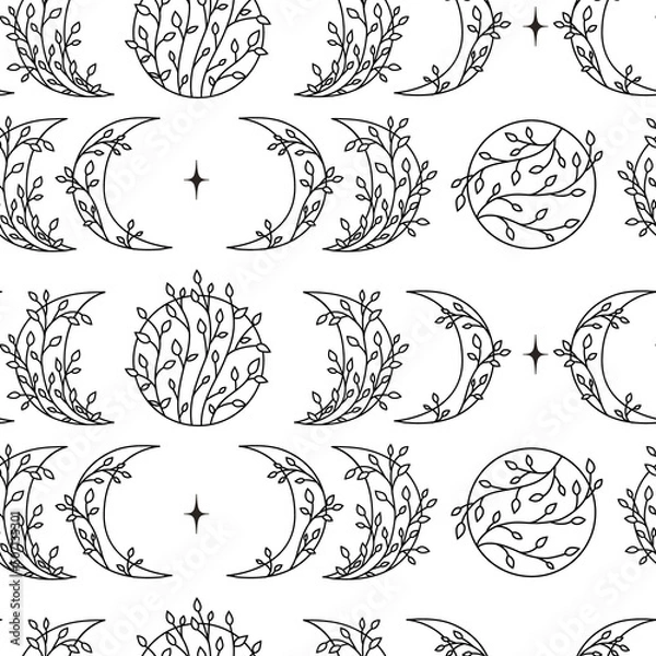 Fototapeta Seamless pattern of moon phases with floral elements.