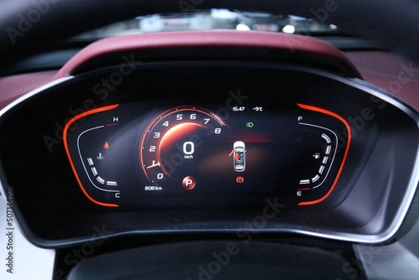 Obraz Digital instrument panel in a modern car. Meter of modern hybrid car, Air conditioning car, cockpit interior cabin details.