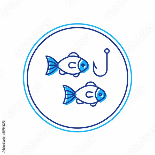 Obraz Filled outline Fishing hook under water with fish icon isolated on white background. Fishing tackle. Vector