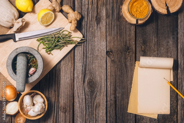 Obraz Alternative medicine - tincture preparation. Ancient, natural herbal methods of illness treatment. Old wooden floor background with copy space