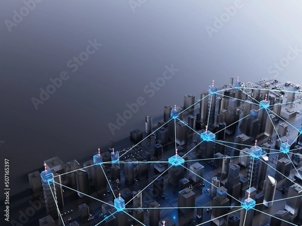 Obraz Modern, futuristic smart city. Internet, decentralized networks concept. Abstract background. Digital 3D rendering.