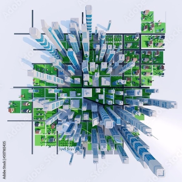 Obraz Clean, modern city with tall buildings, parks and green spaces. Digital 3D rendering.