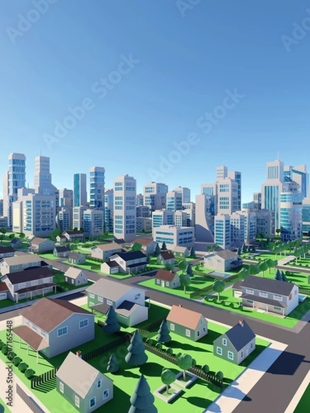 Obraz Clean, modern suburban neighborhood with nice houses and green spaces. Digital 3D rendering.