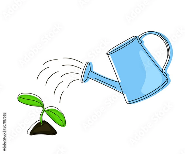 Obraz Vector illustration of a hand drawn green plant and a blue watering can isolated on a white background.
