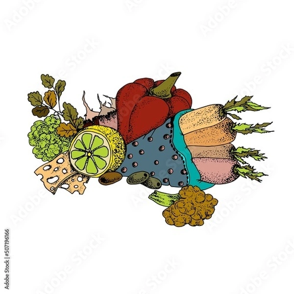 Fototapeta Set of juicy vegetables on an isolated background. For menu design, kitchen book, logo, branding, stationery and poster print.