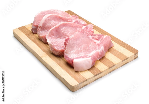 Fototapeta Sliced pork on wooden board isolated on white background.