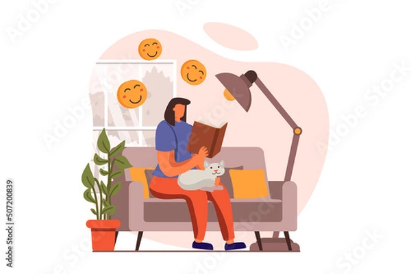 Fototapeta People reading book web concept in flat design. Woman enjoys novel while sitting in sofa with cat at living room. Literature lover spends time with book. Vector illustration with characters scene