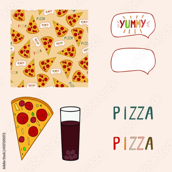 Fototapeta Collection of pizza hand drawn seamless vector pattern, text, pizza slice, glass with beverage, text box
