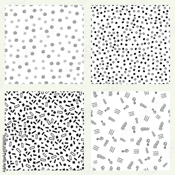Fototapeta Collection of abstract hand drawn seamless patterns.  Abstract elements, black and white, vector illustration