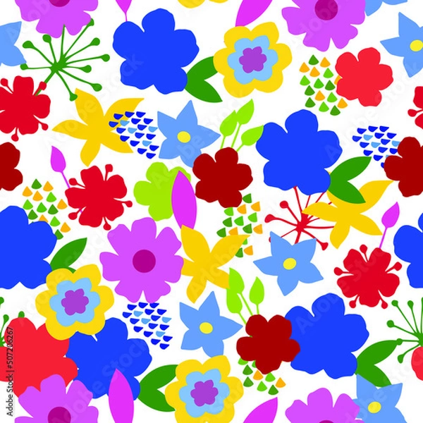 Fototapeta Hand drawn seamless vector pattern, bright flowers, leaves, abstract elements. Endless texture for decoration, stationery, textile, invitations, wrapping paper