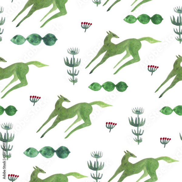 Fototapeta Hand painted watercolor seamless pattern of cute animal and botanical abstract elements