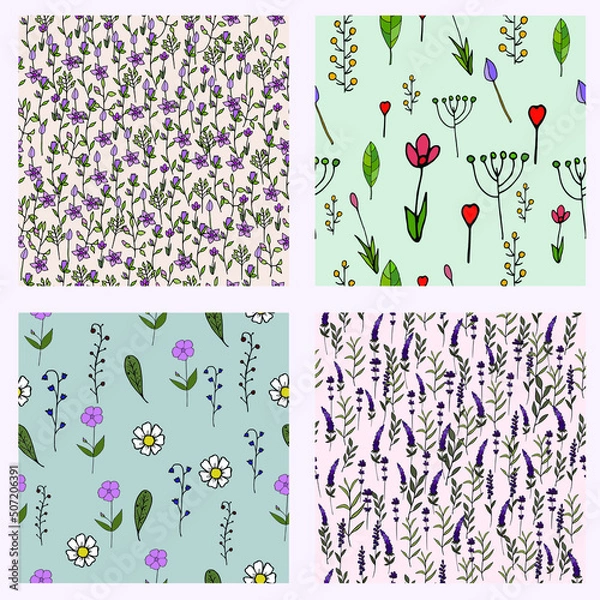 Fototapeta Botanical hand drawn colorful flower patterns vector set