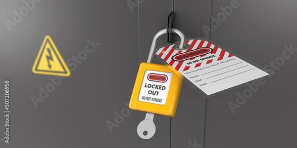 Fototapeta Lock out, tag out with a danger tag 3d render illustration. Danger and do not operate warning. Machine and electrical system and safety equipment.