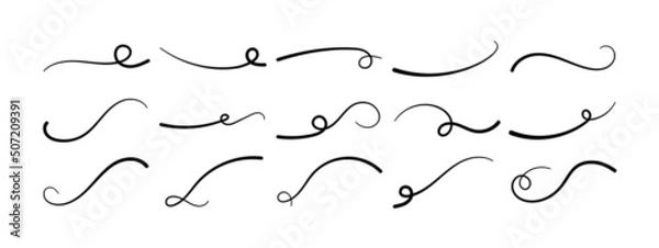 Fototapeta Hand drawn swoosh underline set. Vector calligraphic lettering emphasizies curved line. Element for typography. Collection of black brush strokes isolated on white background. Retro ornament tails