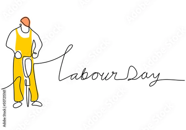 Fototapeta Labor day banner. One continuous single line of craftsman with drill for labor day isolated on white background.