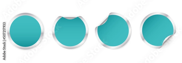 Fototapeta Set of metallic round glued stickers with a blue circle. Blank round paper label template with curled corners.